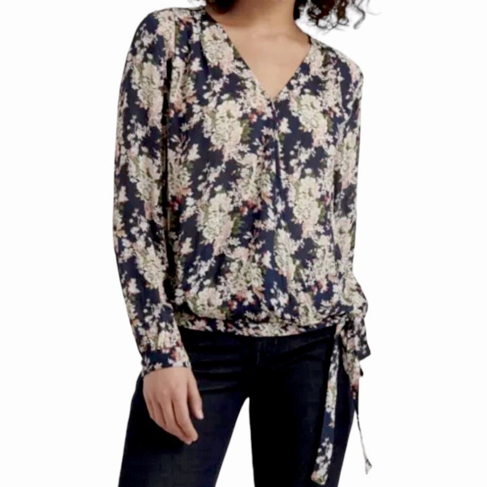 Lucky Brand Blue Multicolor Sawyer Floral Wrap Side Tie Top, Size Medium